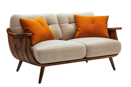 Modern loveseat with wooden frame and orange pillows adds style to any living room decor scheme on transparent background