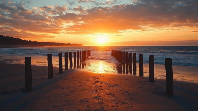 Serene sunset over ocean with wooden posts aligned on sandy beach reflecting warm golden light under partly cloudy sky
