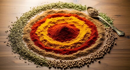 Aromatic Spices Layered in Concentric Circles with Vintage Spoon Detail