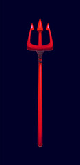 Cartoon Halloween demonic devil trident with sharp prongs and a long shaft fantasy weapon of hell and underworld. Vector sinister pitchfork Halloween symbol, representing temptation and malevolence