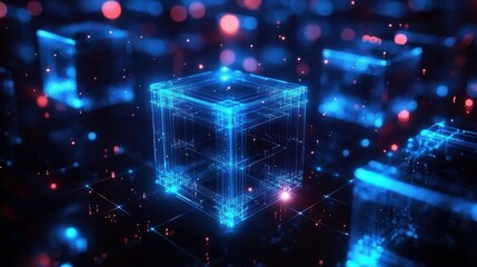 Glowing transparent blue wireframe cubes floating in a dark space with scattered red and blue light particles creating a futuristic and digital atmosphere