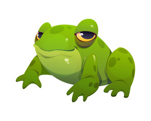 Cartoon Halloween green frog character. Isolated vector cute amphibian animal with a mischievous expression and big yellow eyes. Funny personage for magical children books, or seasonal fantasy games