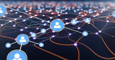 Abstract digital network visualization with interconnected nodes representing user profiles and data flow - Powered by Adobe