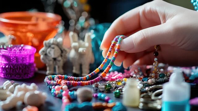 A woman holds a colorful beaded necklace over a table, perfect for close-up photography or jewelry displays