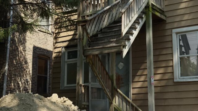 Old residential entrance with a weathered door, peeling paint, and worn wooden staircase. Signs of aging with cracked surfaces, faded siding, and overall neglect