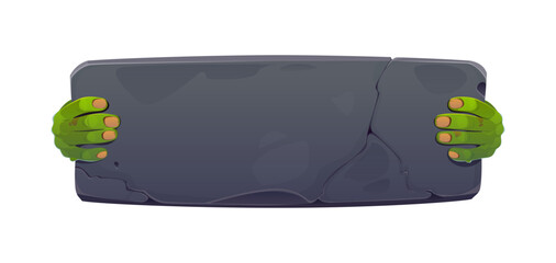 Cartoon Halloween stone board banner held by spooky monster green hands with long nails, vector spooky holidays. Dark rock blank sign board with cracked surface in zombie monster hand, greeting banner