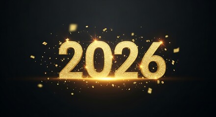 Golden 2026 text with sparkling confetti on a dark background, celebrating the new year with festive glitter and light.
