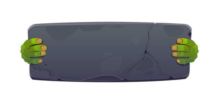 Cartoon Halloween stone board banner held by spooky monster green hands with long nails, vector spooky holidays. Dark rock blank sign board with cracked surface in zombie monster hand, greeting banner