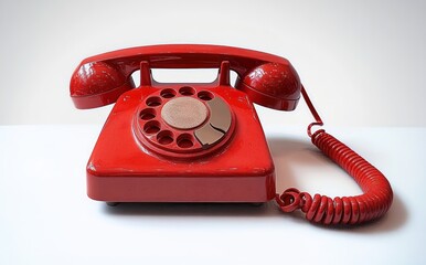 Vintage red rotary dial telephone with coiled cord resting on white surface against plain background