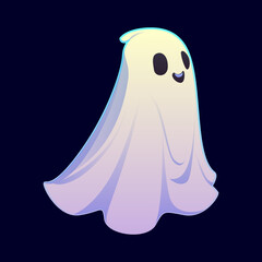 Cartoon spooky and cute Halloween ghost character floating in the air, with a rounded sheet body and cheerful expression. Vector scary friendly white phantom personage wandering in the holiday night