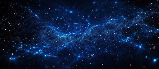 Abstract digital network with glowing blue interconnected nodes and flowing wave-like grid pattern on a dark background with scattered orange and blue light particles