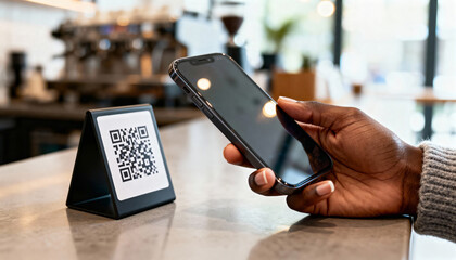 Close-up of person holding phone and scanning QR code display on coffee shop counter
