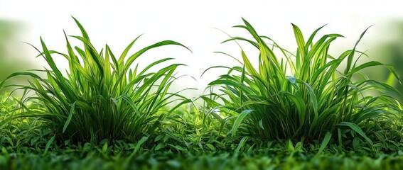 Bright green grass plants with long slender leaves growing amidst dense low ground cover under soft natural light