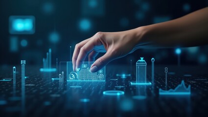 Human hand interacting with digital interface, illuminated by neon blue light, selecting an element, highlighting technological concepts, data flow visualization with futuristic projections and...