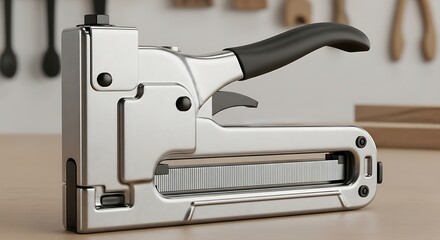 Professional metal staple gun on wooden surface, construction instrument