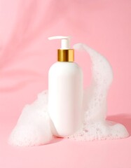 White bottle of lotion with bubbles on pink background