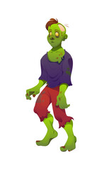 Cartoon zombie scary Halloween character with green skin, sunken eyes and wounds on its body. Isolated vector creepy horror night personage wears torn shirt and ripped pants, and has an exposed brain