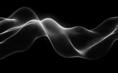 Smooth flowing white wave composed of fine mesh dots on black background evoking a sense of fluidity and modern digital elegance