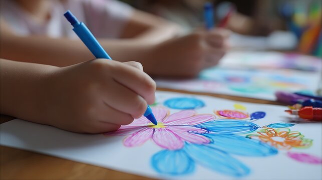 Childs hand drawing a colorful flower with a blue marker.