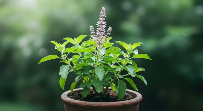 Holy Tulsi Plant in Clay Pot with Green Leaves and Flowers, Concept of Sacred Indian Herb, Hindu Worship, Ayurveda, Spiritual Healing and Cultural Tradition