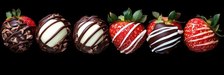 Obraz premium Close-up of fresh strawberries and round chocolate truffles decorated with dark, white chocolate and chocolate chips arranged in a row on a black background