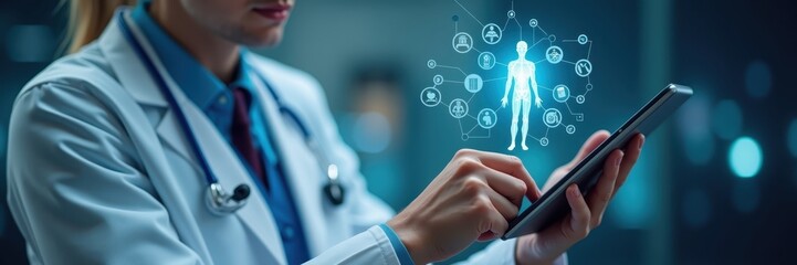 Medical professional wearing a white coat and stethoscope, analyzes digital medical data on a tablet with a holographic body diagram and interconnected health icons, set against a blurry blue...