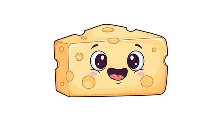 Fototapeta premium Cartoon illustration of a smiling cheese wedge with holes, rosy cheeks, and a happy expression.