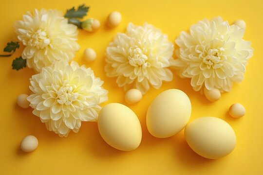 Soft yellow chrysanthemums arranged with matching yellow eggs and small round objects on a bright yellow background evoking a cheerful spring feeling