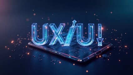 The image showcases the illuminated letters "UX/UI" floating above a sleek, electronic device on a dark surface.