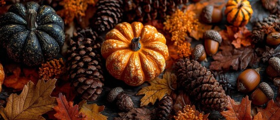 Warm hues: the serene beauty of a seasonal harvest display. Thriller poster. Woodland autumn: a composition of nature's autumnal treasures. Epic poster. Action poster.