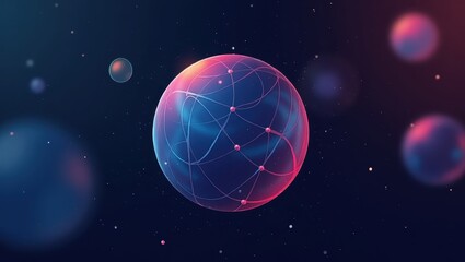 Transparent spheres with glowing networks and nodes float against a deep blue background, accented by subtle lights and other ethereal orbs, creating a sense of otherworldly beauty and complex...