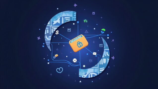 Data security concept illustration depicting a digital file folder with a lock, surrounded by stylized elements and connections against a deep blue backdrop, representing protection and information...
