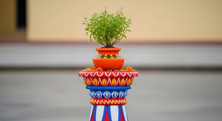 Sacred Tulsi Plant in Decorated Pot for Hindu Puja, Concept of Indian Tradition, Tulsi Vivah Celebration, Spiritual Worship and Cultural Heritage