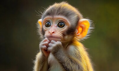 Close-up of a baby monkey with big expressive eyes holding its hands near its mouth showing a curious and thoughtful expression with soft light highlighting its fur