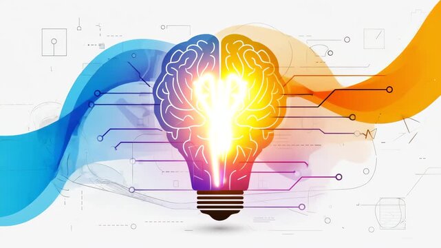 Conceptual illustration of a bright lightbulb containing a human brain split into colorful logical and creative hemispheres