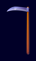 Cartoon Halloween traditional reaper scythe with shiny silver blade and sturdy wooden shaft. Vector grim reaper tool with sharp blade, symbol of death. Scythe magic weapon, fantasy or exotic object