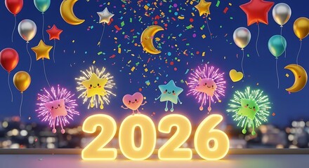 Happy New Year 2026 Celebration with Fireworks and Balloons.