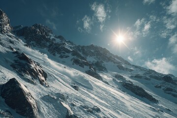 Winter's dawn: sunlit harmony over dombay's icy landscapes. Studio portrait. First snow dusts dombay mountains, a gentle winter awakens. High resolution. Advertising photo.