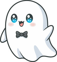 Obraz premium A cartoon ghost with blue eyes and a bow tie, smiling happily.
