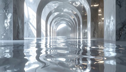 The image shows a serene, minimalist indoor scene featuring a reflective pool of water beneath a series of arched walkways, illuminated by natural light that casts striking reflections and shadows...