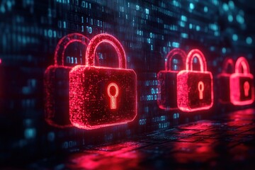 Row of glowing red digital padlocks floating over a dark binary code background symbolizing data security and protection