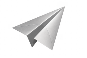 Silver paper airplane flying forward on transparent background