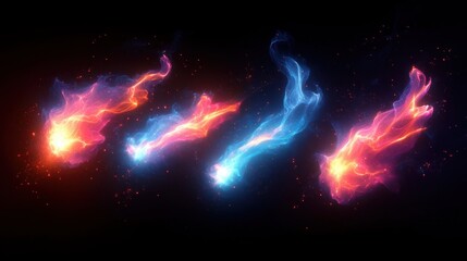 Four vibrant glowing fireballs with flowing fiery trails in orange, pink, and blue hues against a dark background evoking energy and motion