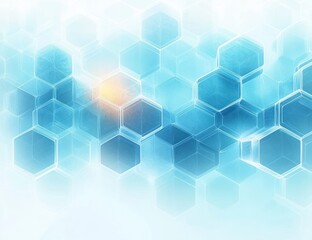 Abstract digital background featuring interconnected translucent hexagons in various shades of blue with a soft glowing light effect