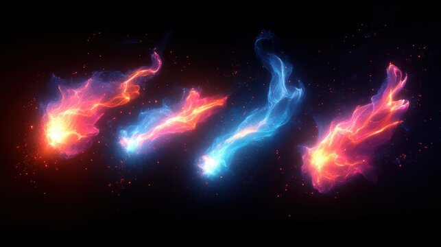 Four vibrant glowing fireballs with flowing fiery trails in orange, pink, and blue hues against a dark background evoking energy and motion