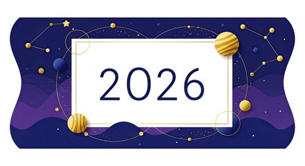 2026 New Year Celebration Banner with Cosmic Theme and Planets.
