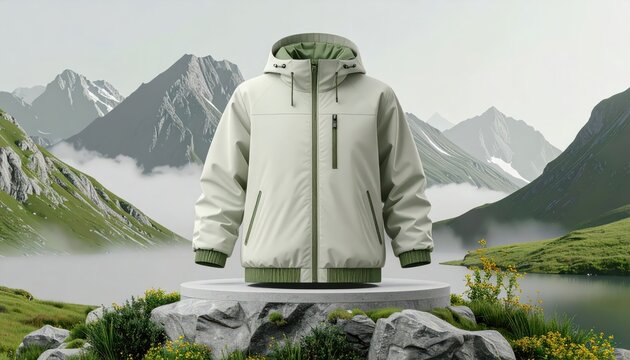The image portrays a light-colored outerwear garment with a hood, presented on a circular platform amidst a scenic mountain backdrop with lush greenery and a serene lake, and offers a clean and...