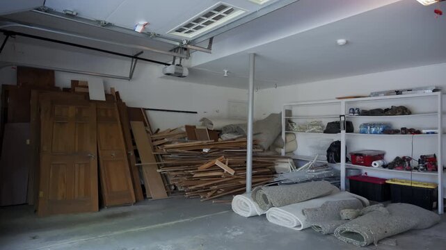 Residential house garage full of construction waste after home renovation. View from the inside .