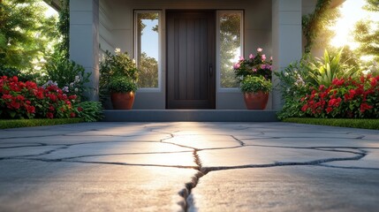 Naklejka premium Front view of a modern house entrance with large wooden door, flanked by windows, potted plants, and vibrant red and pink flowering bushes, with cracked stone pavement in sunlight