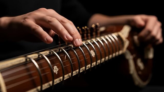Person plays intricately designed stringed instrument against dark background